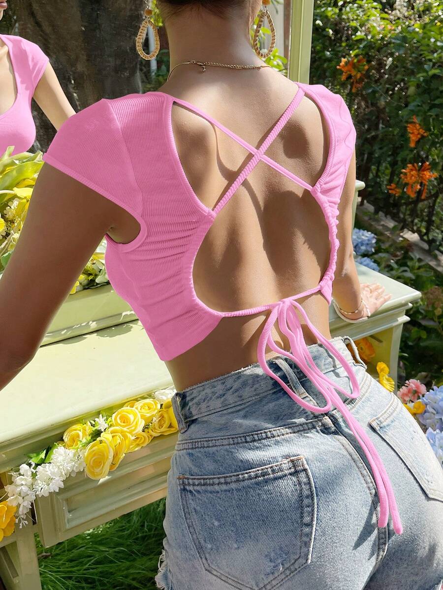 SHEIN Essnce Áo thun nữ Gân đan màu trơn Gợi cảm - Hồng - Xem 1
