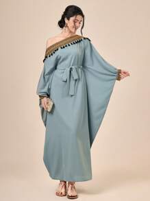 Modelyn 不對稱領蝙蝠袖繫腰帶連衣裙 - 薄荷綠 - 查看 3