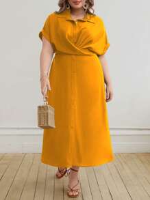 SHEIN Unity Plus Solid Button Front Shirt Dress - Yellow - View 1