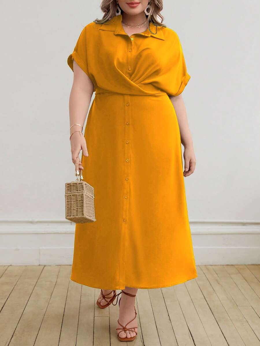 SHEIN Unity Plus Solid Button Front Shirt Dress - Yellow - View 1