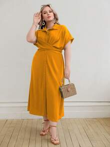 SHEIN Unity Plus Solid Button Front Shirt Dress - Yellow - View 3