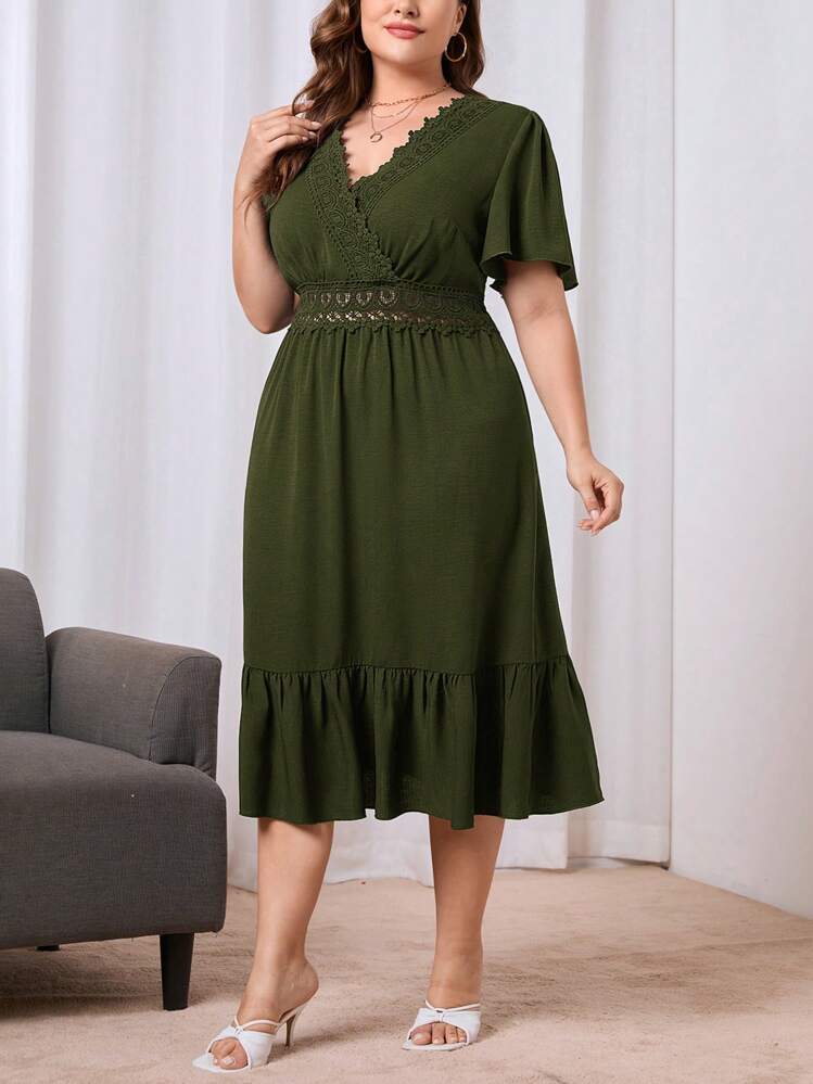 SHEIN Unity mais Vestido inserção de renda de guipura bainha com babado - Verde de Exercício - Ver 3