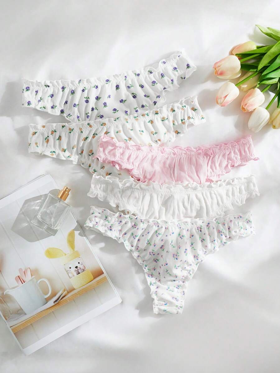 PetitDoll PetitDoll 5pack Ditsy Floral Print Lettuce Trim Panty