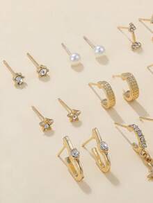 9 cặp/bộ Đúng mốt Hợp kim kẽm Pha lê Ngôi sao & Đồ trang trí Ngọc Trai giả Hoa tai Đối với phụ nữ Để Trang Trí Hàng Ngày - Vàng - Xem 5