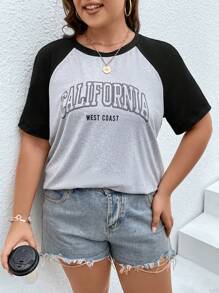 Flirla Plus Letter Graphic Contrast Raglan Sleeve Tee, Women Summer Top