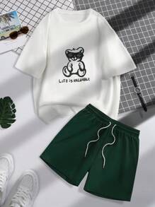 Manfinity Hypemode Men Bear & Letter Graphic Tee & Drawstring Waist Shorts, Cozy Outfits - Multicolor - View 1