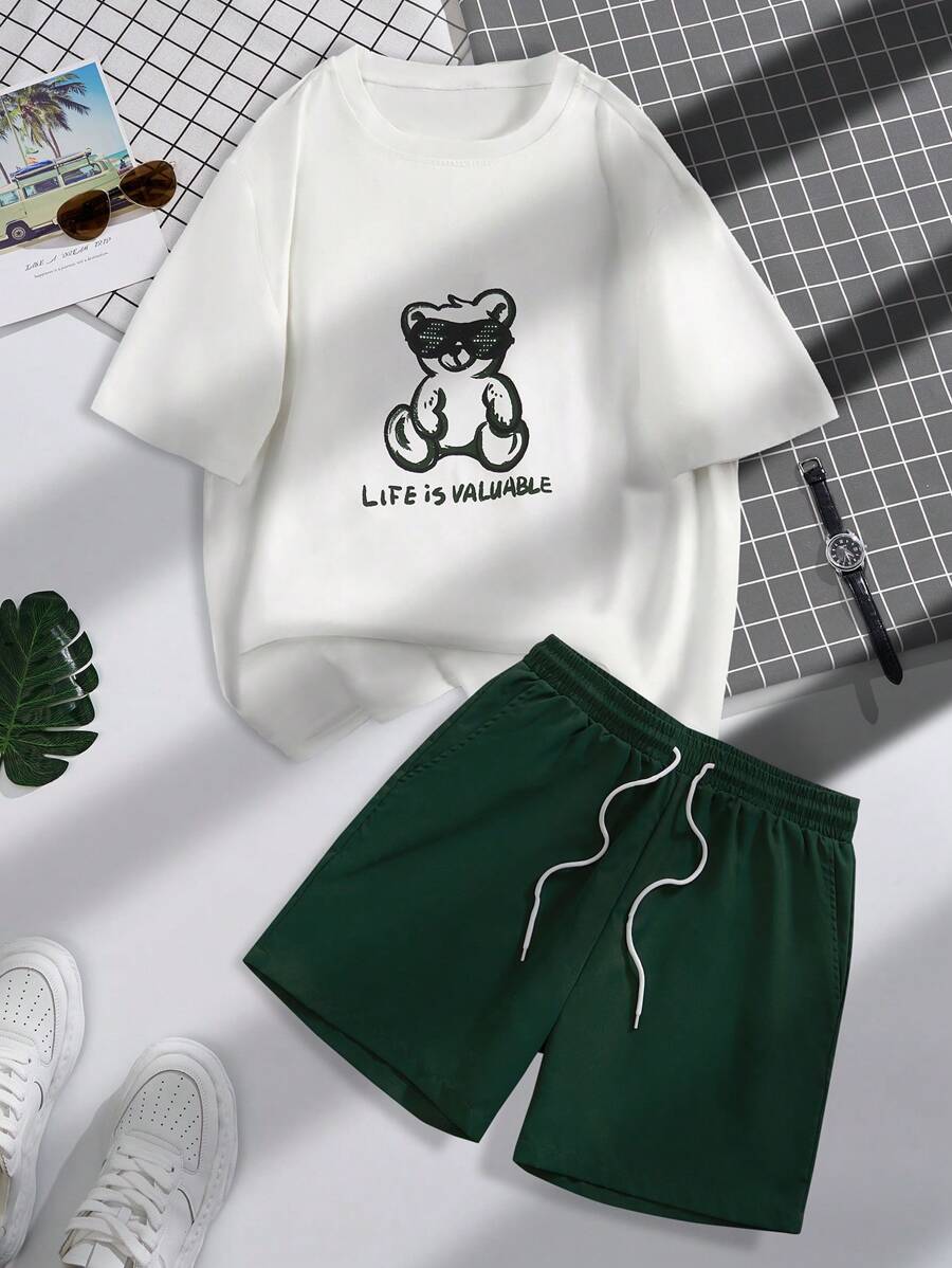 Manfinity Hypemode Men Bear & Letter Graphic Tee & Drawstring Waist Shorts, Cozy Outfits - Multicolor - View 1