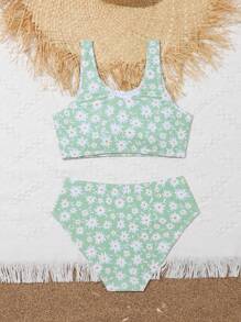 Tween Girl Floral Print Bikini Set Summer Beach - Mint Green - View 2
