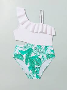 Toddler Girls Tropical Print Ruffle Trim Cut Out One Piece Swimsuit - White - View 6
