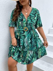 SHEIN Holidaya Vestido con cinturón con estampado tropical de manga mariposa bajo con fruncido - Multicolor - Ver 3