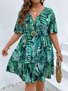 SHEIN Holidaya Vestido con cinturón con estampado tropical de manga mariposa bajo con fruncido - Multicolor - Ver 4