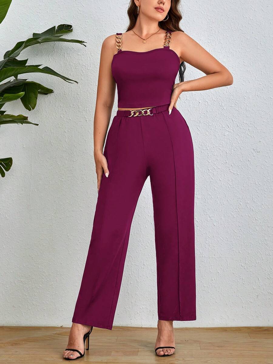 SHEIN Essnce Plus Chain Detail Cami Top & Trousers - Red Violet - View 1