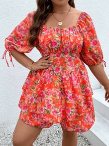 SHEIN Holidaya Plus Floral Print Knot Cuff Ruched Bust Ruffle Hem Romper - Burnt Orange - View 3