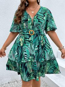SHEIN Holidaya Vestido con cinturón con estampado tropical de manga mariposa bajo con fruncido - Multicolor - Ver 6