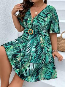 SHEIN Holidaya Vestido con cinturón con estampado tropical de manga mariposa bajo con fruncido - Multicolor - Ver 8
