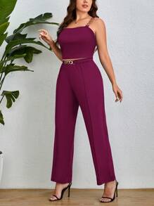 SHEIN Essnce Plus Chain Detail Cami Top & Trousers - Red Violet - View 5