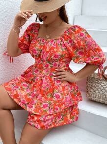 SHEIN Holidaya Plus Floral Print Knot Cuff Ruched Bust Ruffle Hem Romper - Burnt Orange - View 8