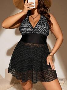 SHEIN Swim Curve Plus Size Chevron Print Halter Tankini Summer Beach - Black - View 6