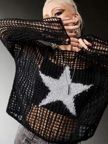 ROMWE Grunge Punk 星星圖案鏤空落肩袖套頭毛衣 - 黑色 - 查看 8