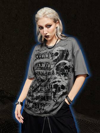 Grunge Punk Camiseta de hombros caídos estampado de cráneo