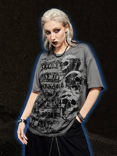 Grunge Punk Camiseta de hombros caídos estampado de cráneo