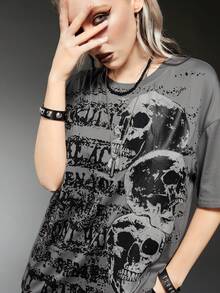 ROMWE Grunge Punk 骷髅頭圖案落肩T恤 - 灰色 - 查看 6