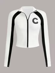 SHEIN ICON Bikercore字母圖案插肩袖拉鏈開襟T恤 - 白色 - 查看 1