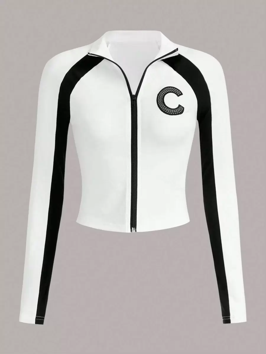 SHEIN ICON Bikercore字母圖案插肩袖拉鏈開襟T恤 - 白色 - 查看 1