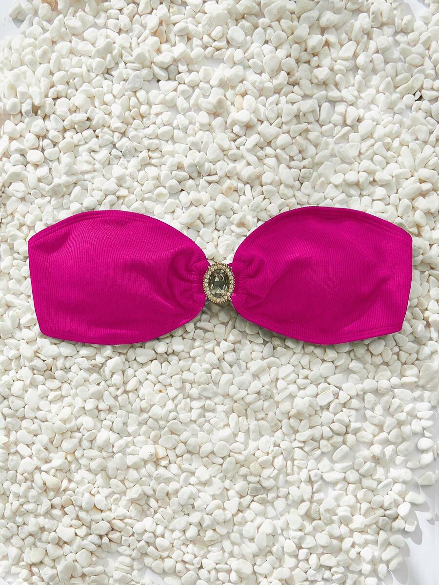 Top bikini bandeau con diseño de diamante de imitación - Rosa Fucsia - Ver 1