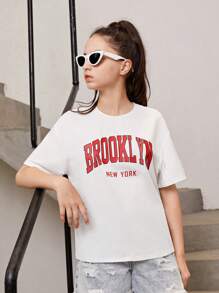 SHEIN Teen Girls Letter Graphic Drop Shoulder Tee - White - View 6