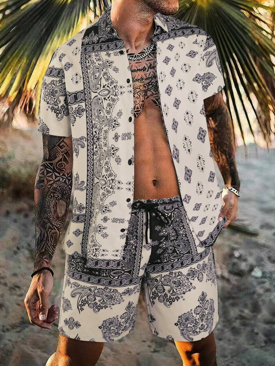 Manfinity RSRT Bộ hai mảnh Nam Nút phía trước Dây kéo Paisley Boho - Đen và trắng - Xem 1