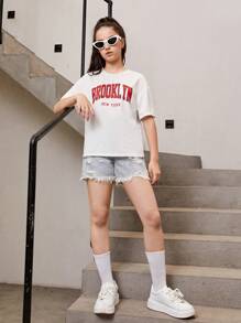 SHEIN Teen Girls Letter Graphic Drop Shoulder Tee - White - View 4
