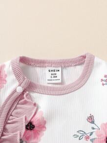 SHEIN Infant Floral All-Over Print Ruffle Collar Long Sleeve Casual Romper Pajamas - White - View 7