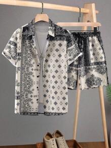 Manfinity RSRT Bộ hai mảnh Nam Nút phía trước Dây kéo Paisley Boho - Đen và trắng - Xem 5