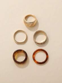 5pcs Resin Alloy Brown & Gold Leopard Print Hoop Rings, Diameter 1.6-1.8cm, Hip Hop Style