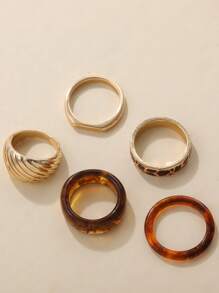 5pcs Resin Alloy Brown & Gold Leopard Print Hoop Rings, Diameter 1.6-1.8cm, Hip Hop Style
