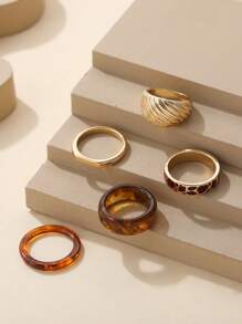 5pcs Resin Alloy Brown & Gold Leopard Print Hoop Rings, Diameter 1.6-1.8cm, Hip Hop Style