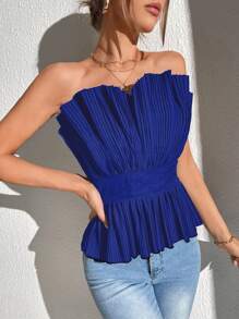 SHEIN Privé Áo nữ Viên lá sen Xếp li màu trơn Thanh lịch - Màu xanh lam - Xem 5
