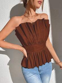 SHEIN Privé 素色百褶抹胸上衣 - 鏽棕色 - 查看 5