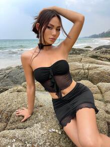 Ruched Ruffle Trim Mesh Tube Top & Mini Bodycon Skirt - Black - View 1
