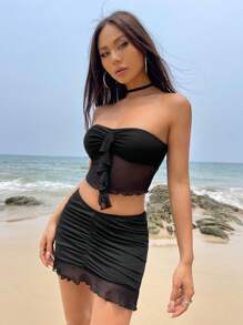 Ruched Ruffle Trim Mesh Tube Top & Mini Bodycon Skirt - Black - View 4