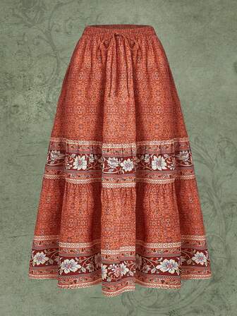 تنورة طباعة الأزهار خصر معقود حافة مكشكشة