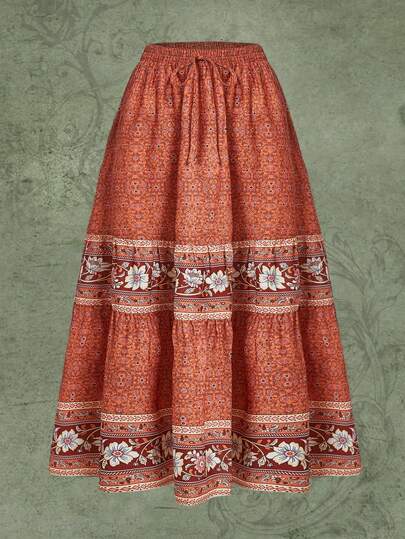 Floral Print Knot Waist Ruffle Hem Skirt