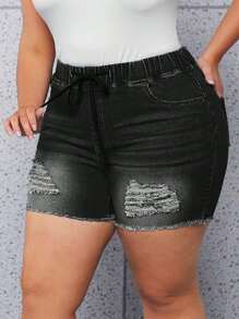 SHEIN SXY Plus Drawstring Waist Ripped Raw Hem Denim Shorts - Black - View 4