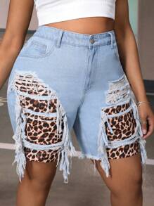 SHEIN SXY Quần short denim oversized Túi Hem thô Dây kéo In hoa Báo - Rửa nhẹ - Xem 4