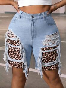 SHEIN SXY Quần short denim oversized Túi Hem thô Dây kéo In hoa Báo - Rửa nhẹ - Xem 5