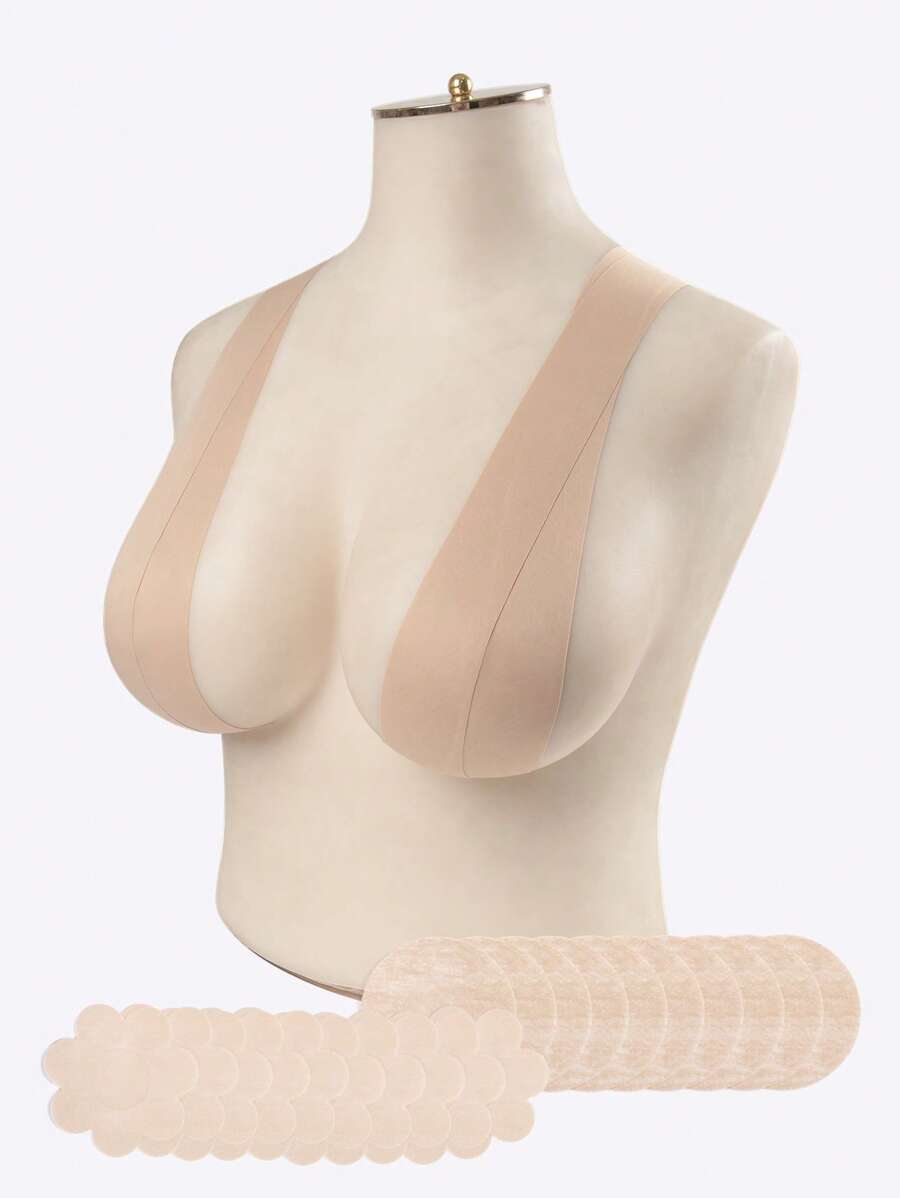 10 pares Talla grande Cubierta de pezón flor & de forma redonda & 1 rollo de cinta pecho - Albaricoque - Ver 1