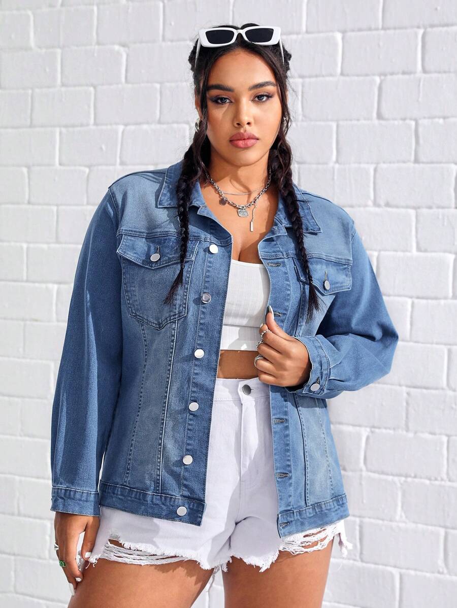 SHEIN Plus Flap Pocket Drop Shoulder Denim Jacket - Medium Wash - View 1