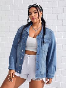 SHEIN Plus Flap Pocket Drop Shoulder Denim Jacket - Medium Wash - View 3