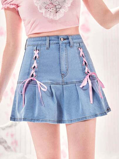 Kawaii Lace Up Ruffle Hem Denim Skirt, School